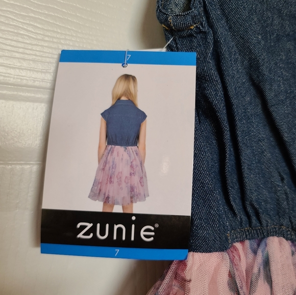 Zunie Denim Shirt Tulle Floral Dress, 7, Blue and Pink - Picture 6 of 6